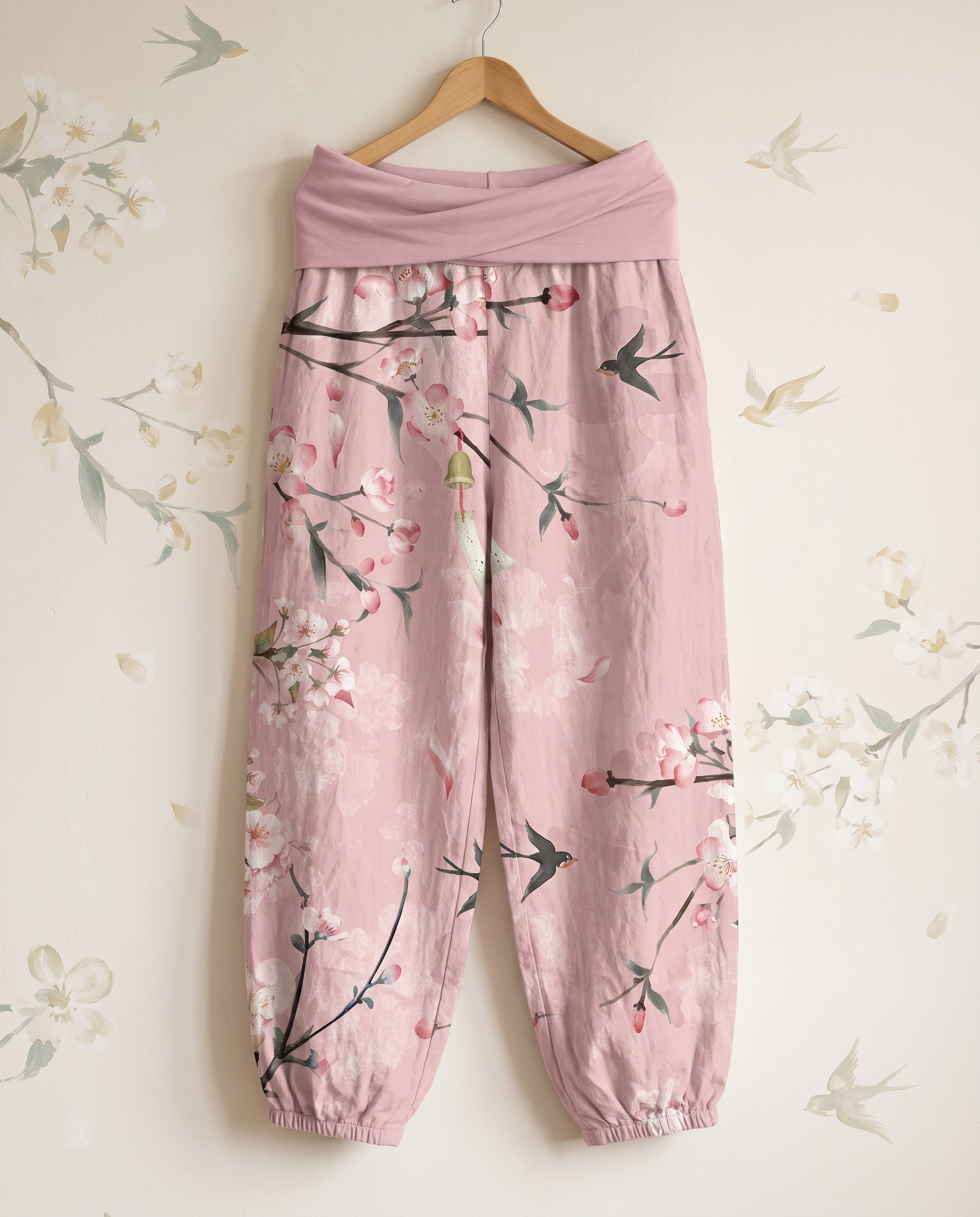Peach Blossom Cotton Harem Pants — in pink, hanging view