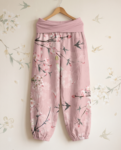 Peach Blossom Cotton Harem Pants — in pink, hanging view