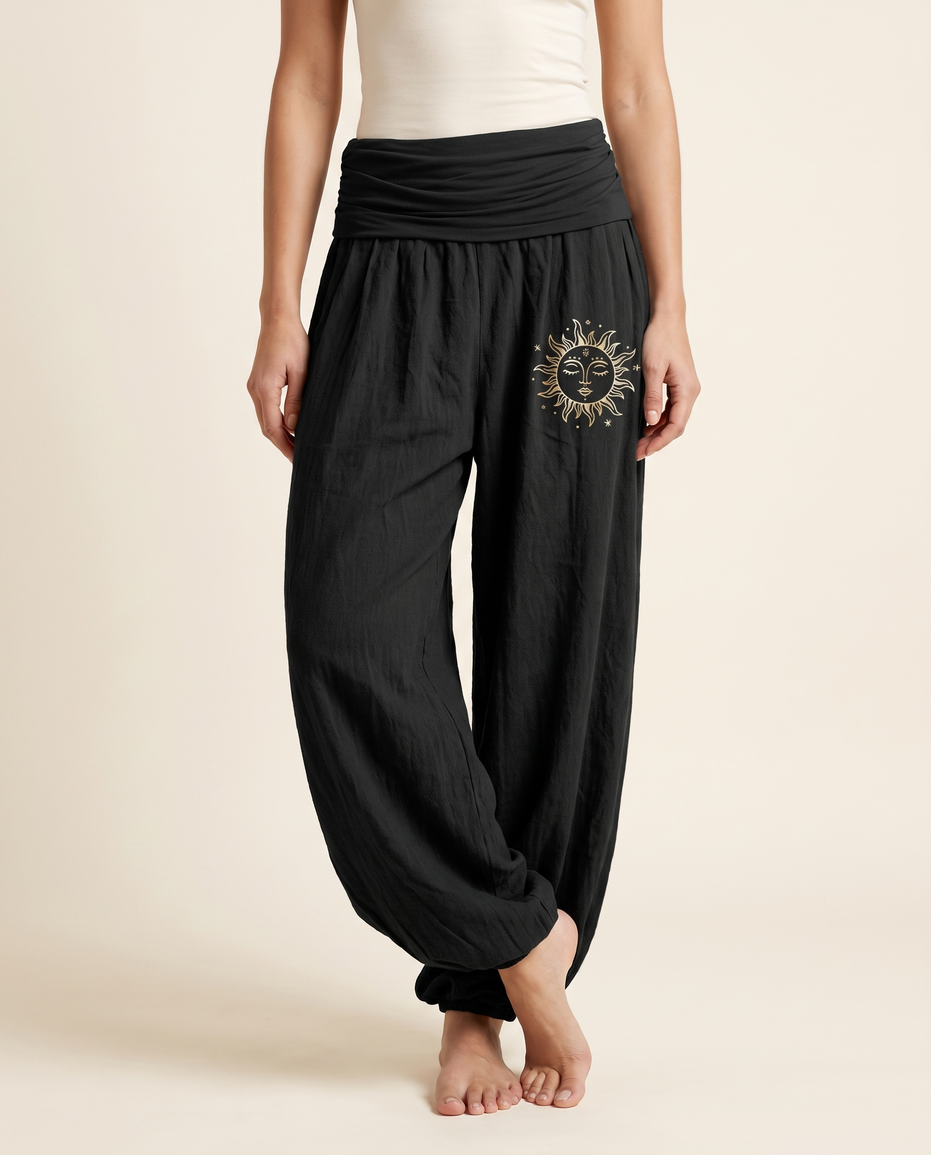 Sun & Moon Cotton Harem Pants — in black, worn by a model