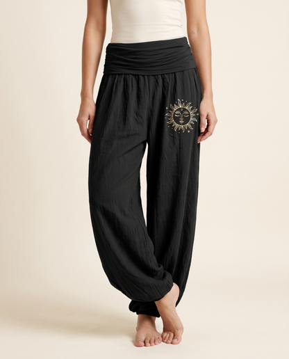 Sun & Moon Cotton Harem Pants — in black, worn by a model
