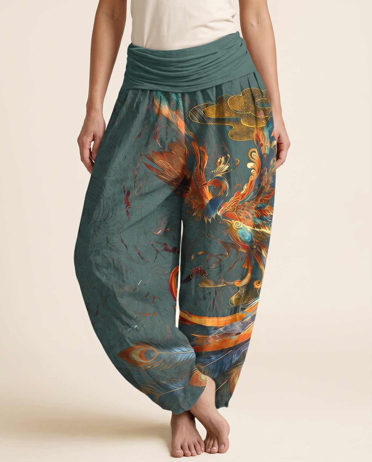 Phoenix Cotton Harem Pants — in cadet blue, worn by a model