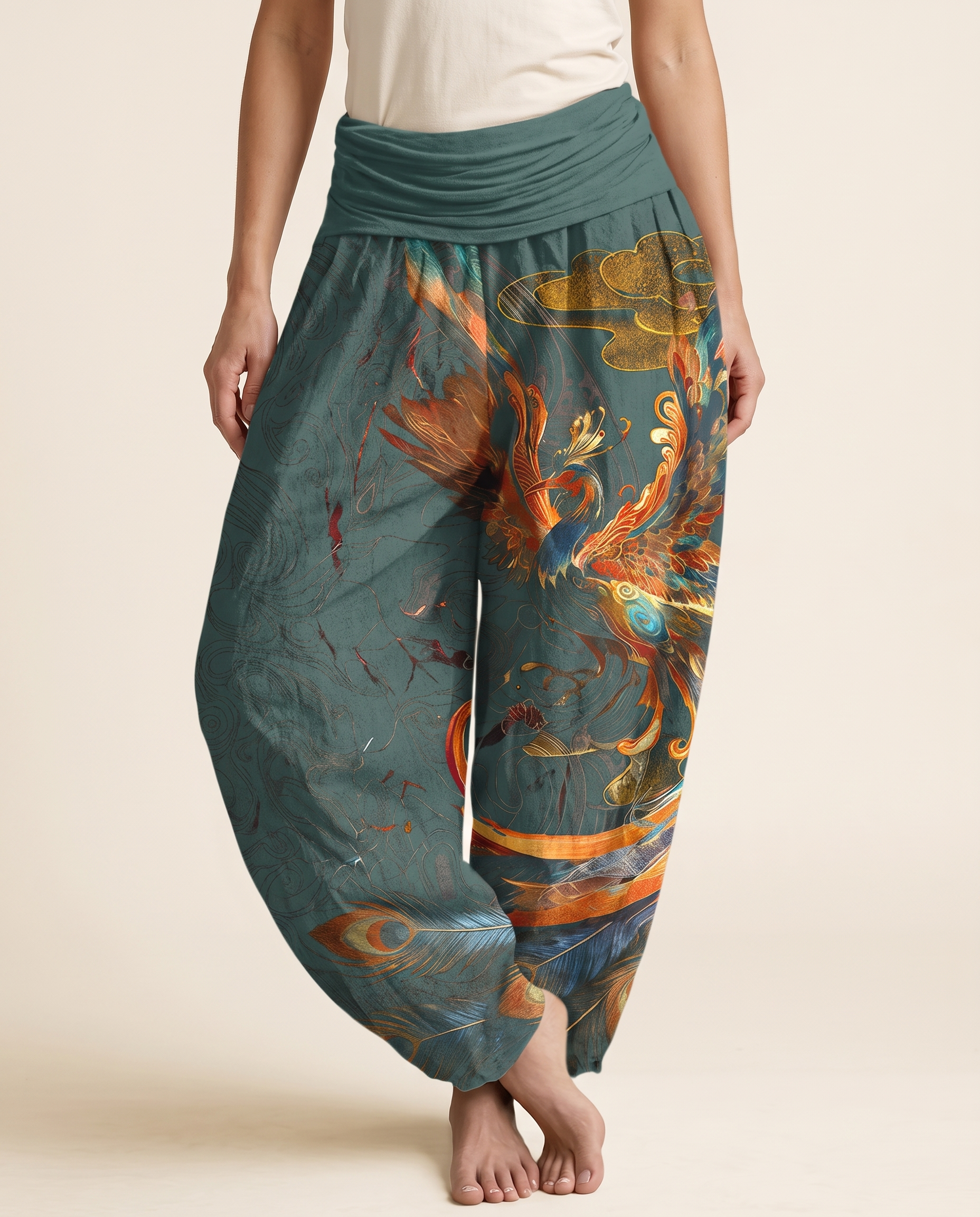 Phoenix Cotton Harem Pants — in cadet blue, worn by a model