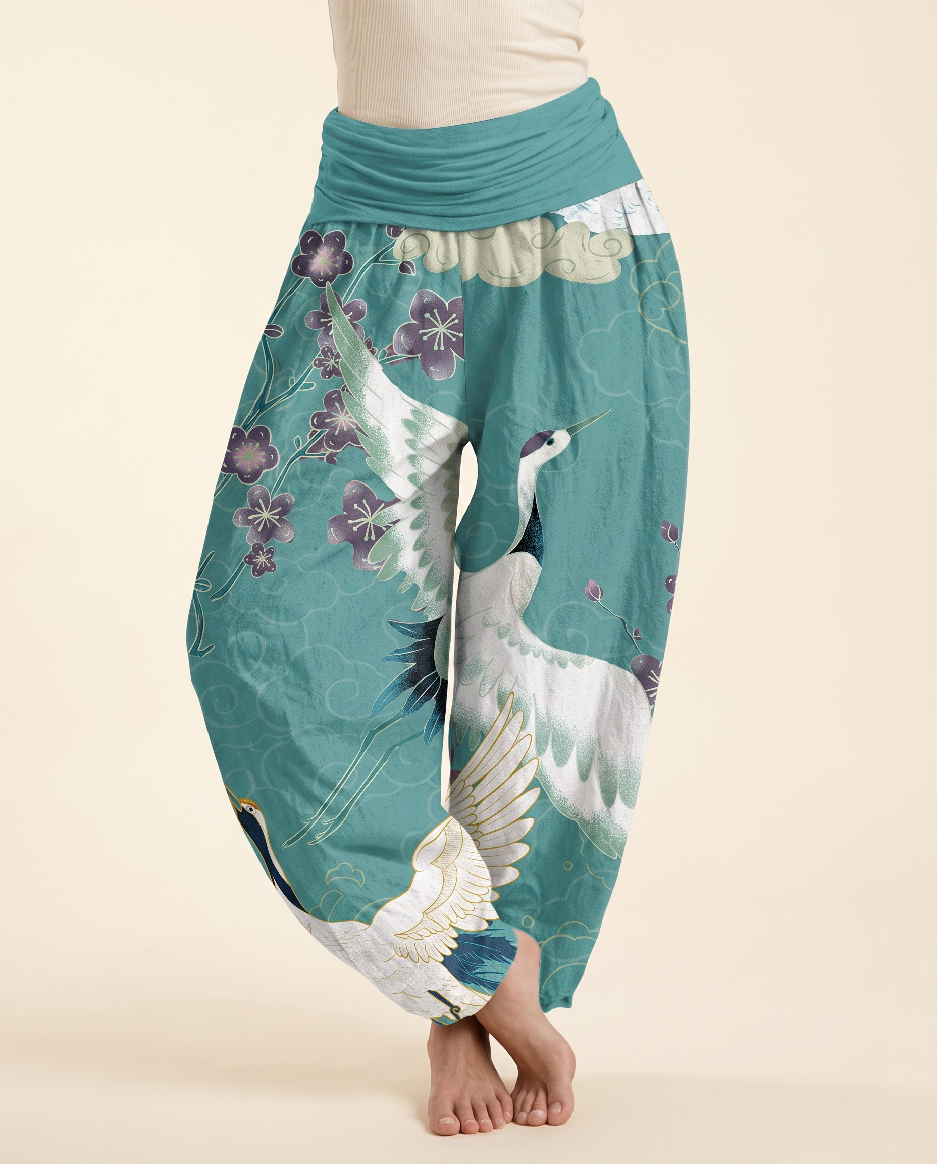 Crane & Cloud Cotton Harem Pants — in turquoise, worn by a model