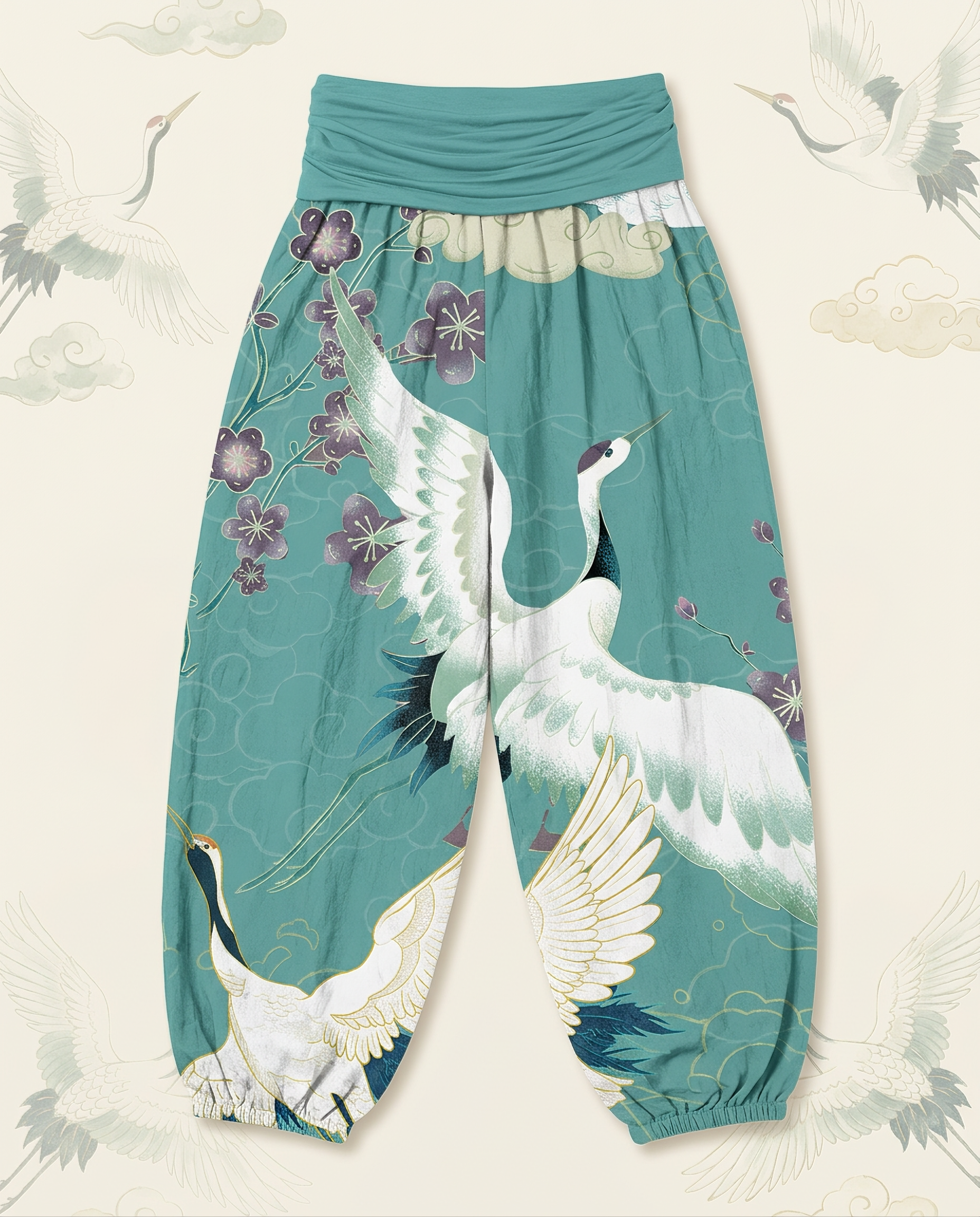 Crane & Cloud Cotton Harem Pants — in turquoise, flat-lay view