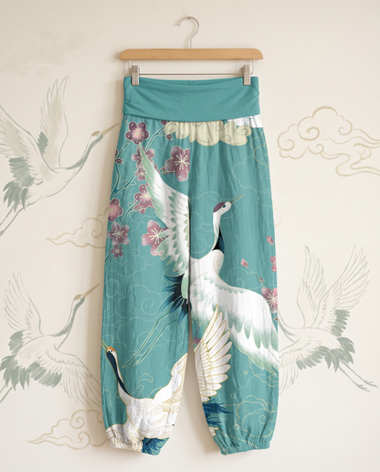 Crane & Cloud Cotton Harem Pants — in turquoise, hanging view