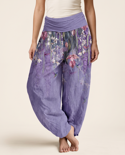 Orchid & Birds Cotton Harem Pants — in medium purple, worn by a model