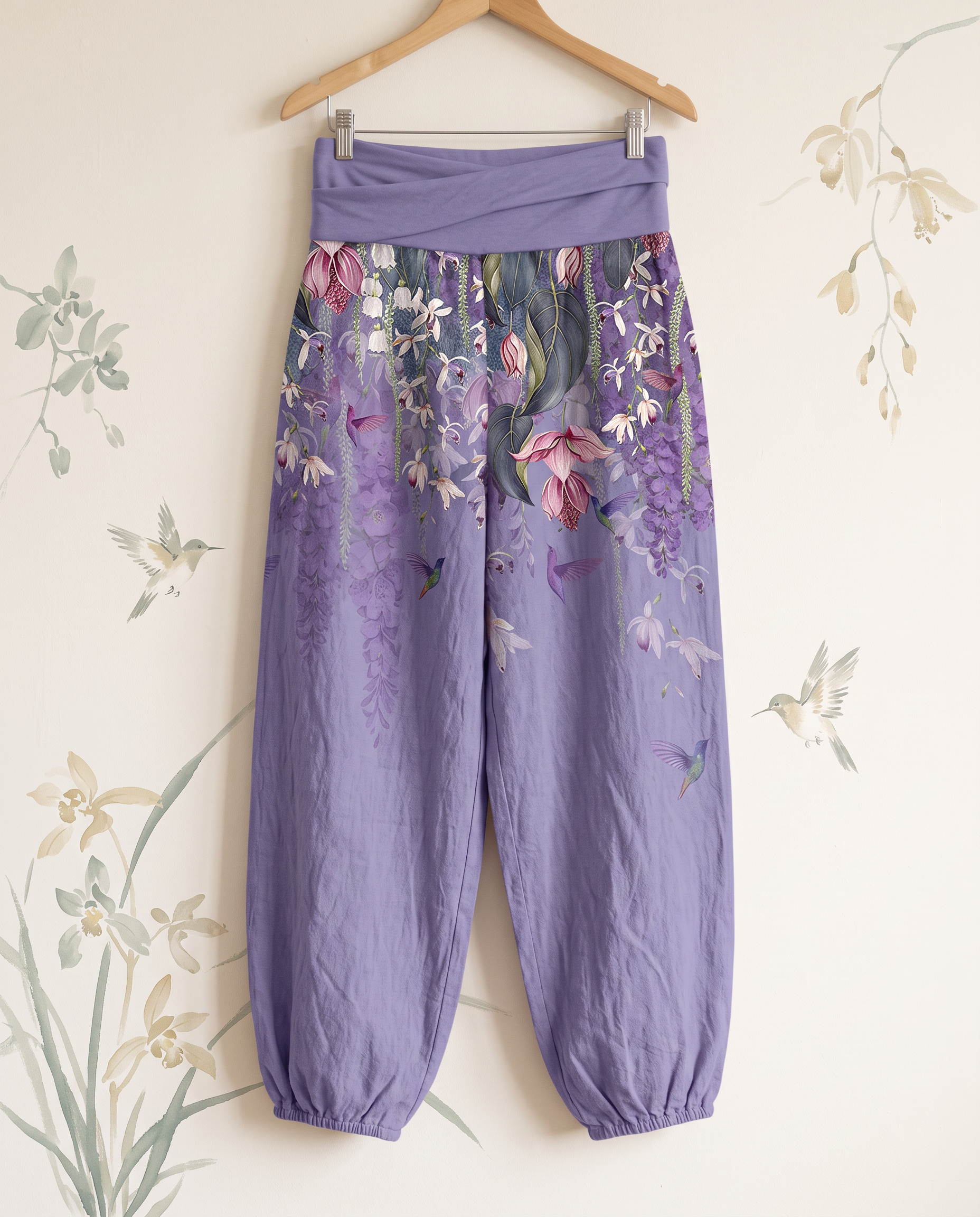 Orchid & Birds Cotton Harem Pants — in medium purple, hanging view