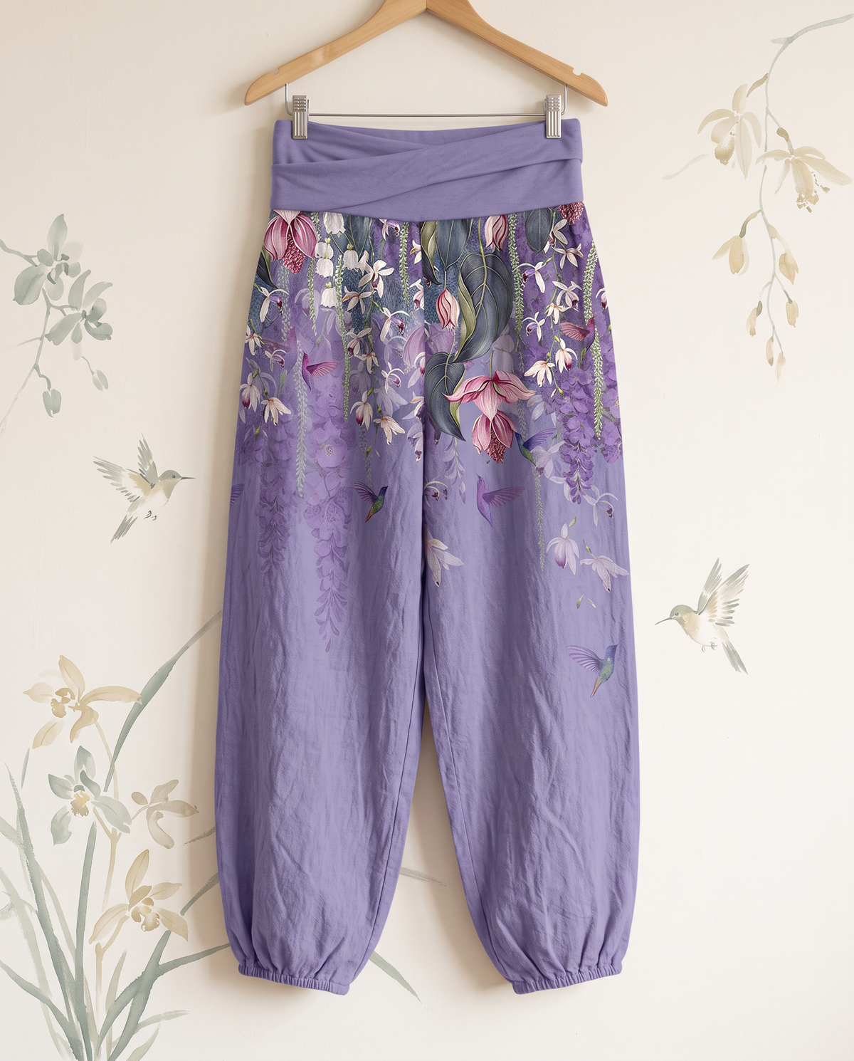 Orchid & Birds Cotton Harem Pants — in medium purple, hanging view