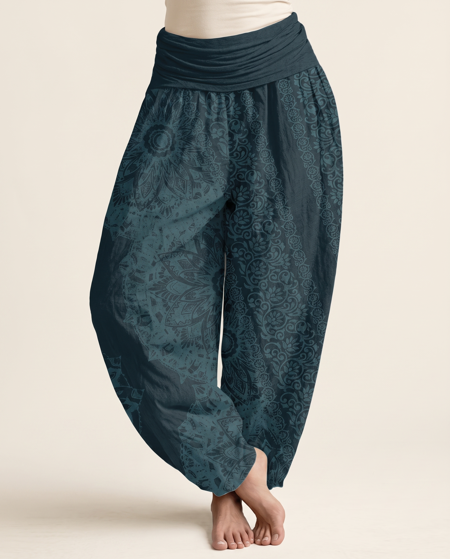 Mandala Cotton Harem Pants — in dark cyan, worn by a model