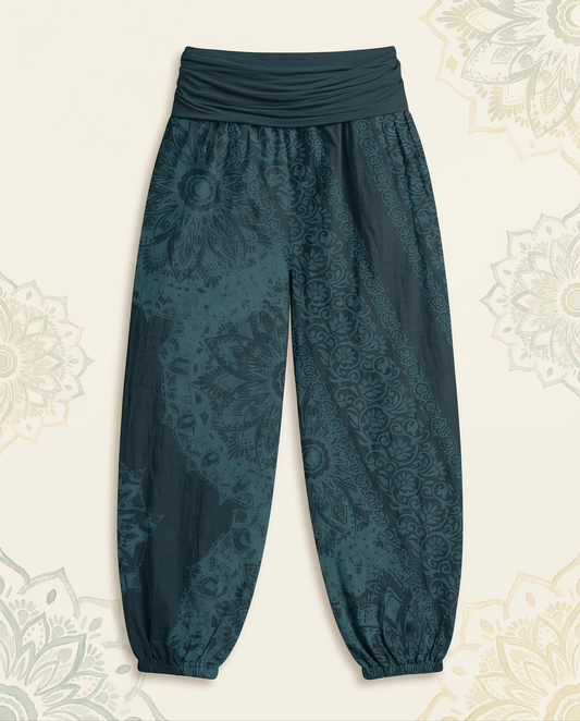 Mandala Cotton Harem Pants — in dark cyan, flat-lay view
