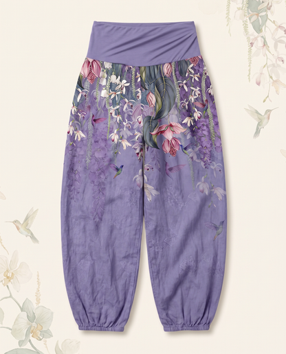 Orchid & Birds Cotton Harem Pants — in medium purple, flat-lay view