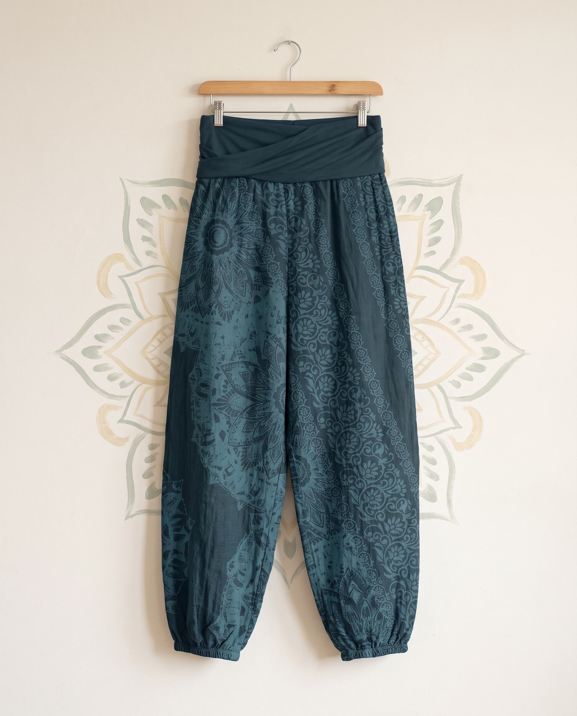 Mandala Cotton Harem Pants — in dark cyan, hanging view