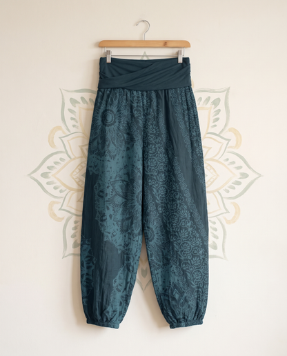 Mandala Cotton Harem Pants — in dark cyan, hanging view