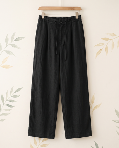 Cotton-Linen Ankle-Length Pants with Pockets — in black, hanging view