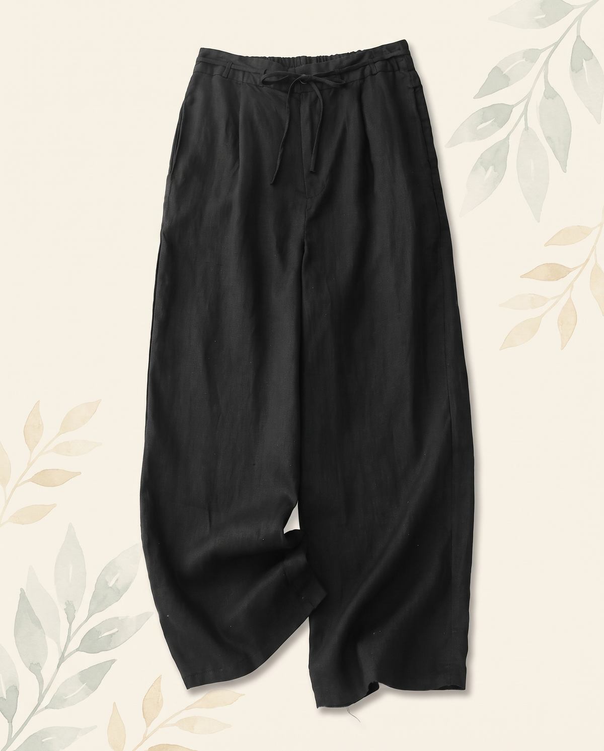Cotton-Linen Ankle-Length Pants with Pockets — in black, flat-lay view