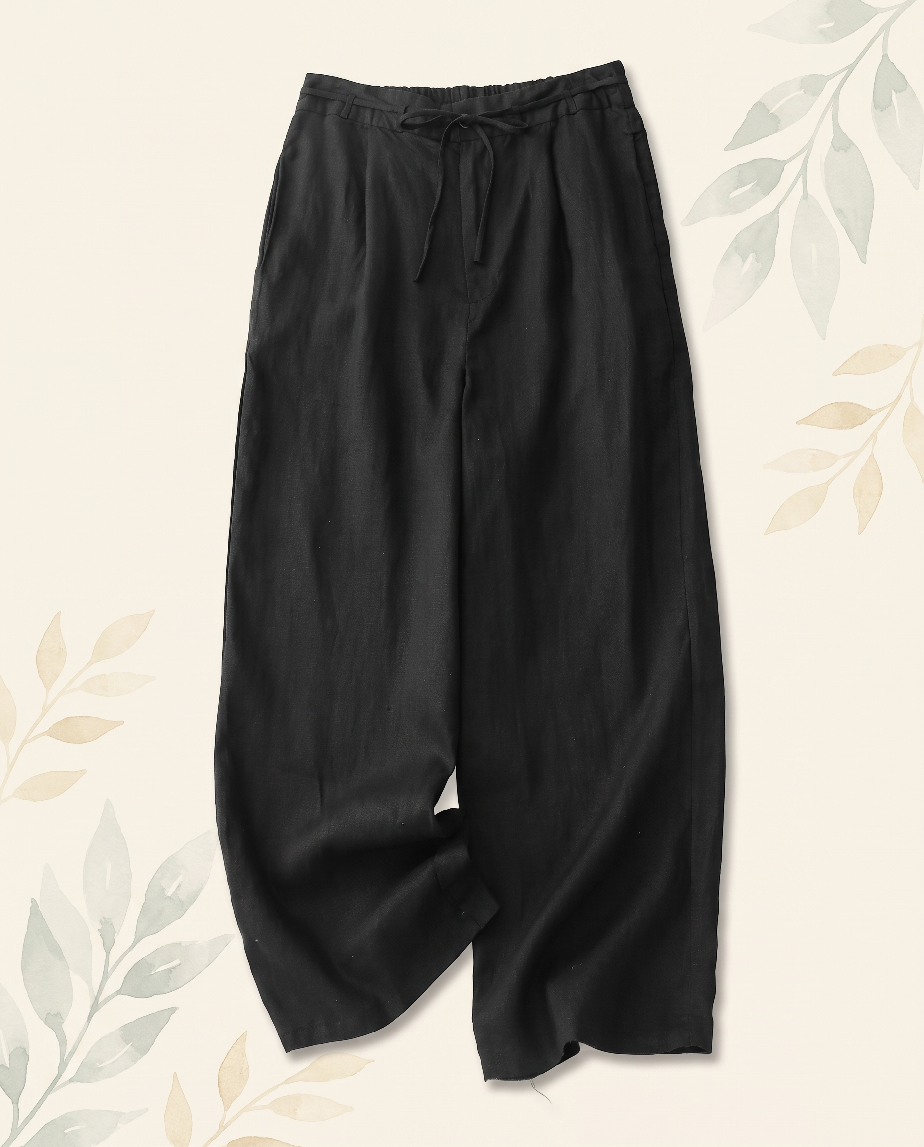 Cotton-Linen Ankle-Length Pants with Pockets — in black, flat-lay view