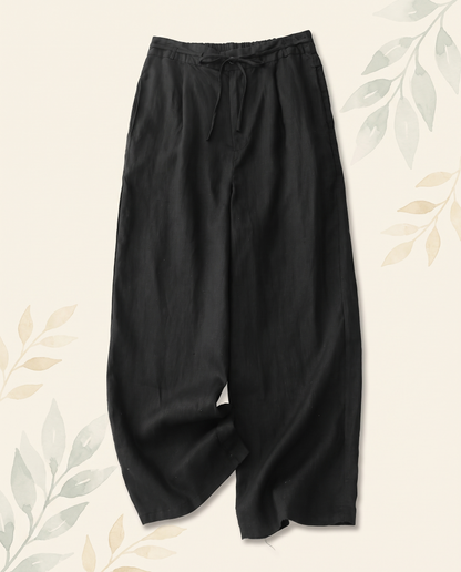 Cotton-Linen Ankle-Length Pants with Pockets — in black, flat-lay view