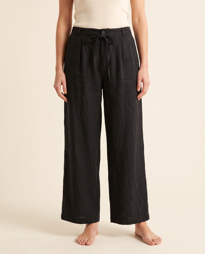 Cotton-Linen Ankle-Length Pants with Pockets — in black, worn by a model