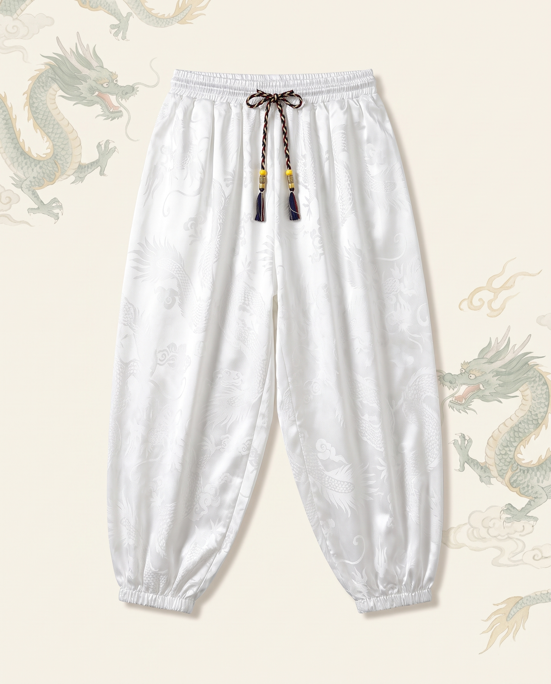 Men's Dragon Harem Pants with Pockets — in white, flat-lay view