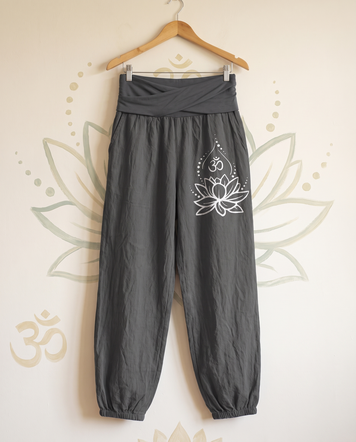 Lotus & Om Cotton Harem Pants — in dim gray, hanging view