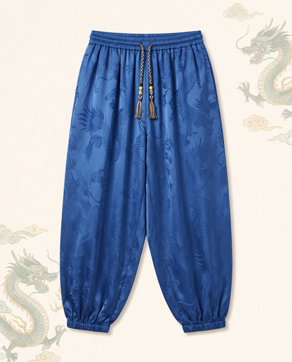 Men's Dragon Harem Pants with Pockets — in blue, flat-lay view