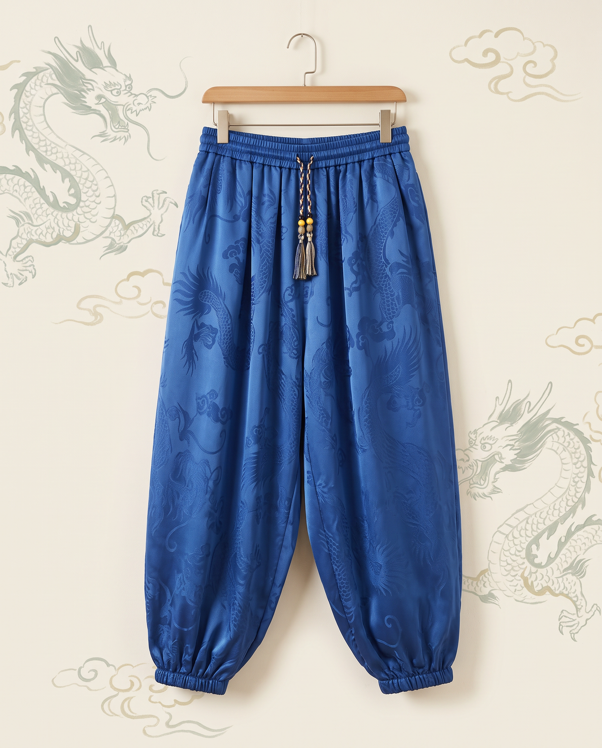 Men's Dragon Harem Pants with Pockets — in blue, hanging view