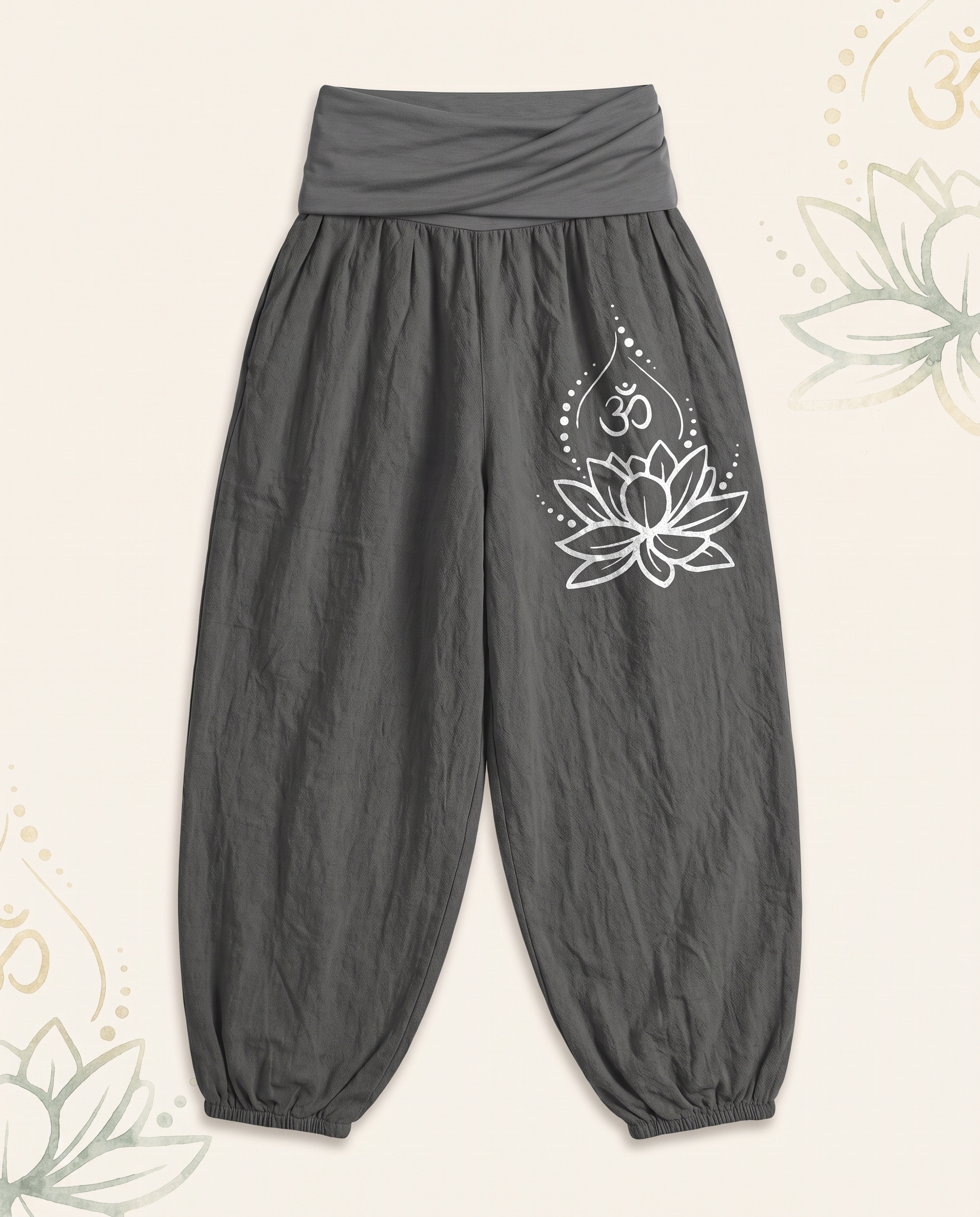 Lotus & Om Cotton Harem Pants — in dim gray, flat-lay view