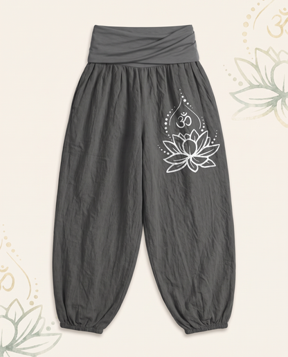 Lotus & Om Cotton Harem Pants — in dim gray, flat-lay view