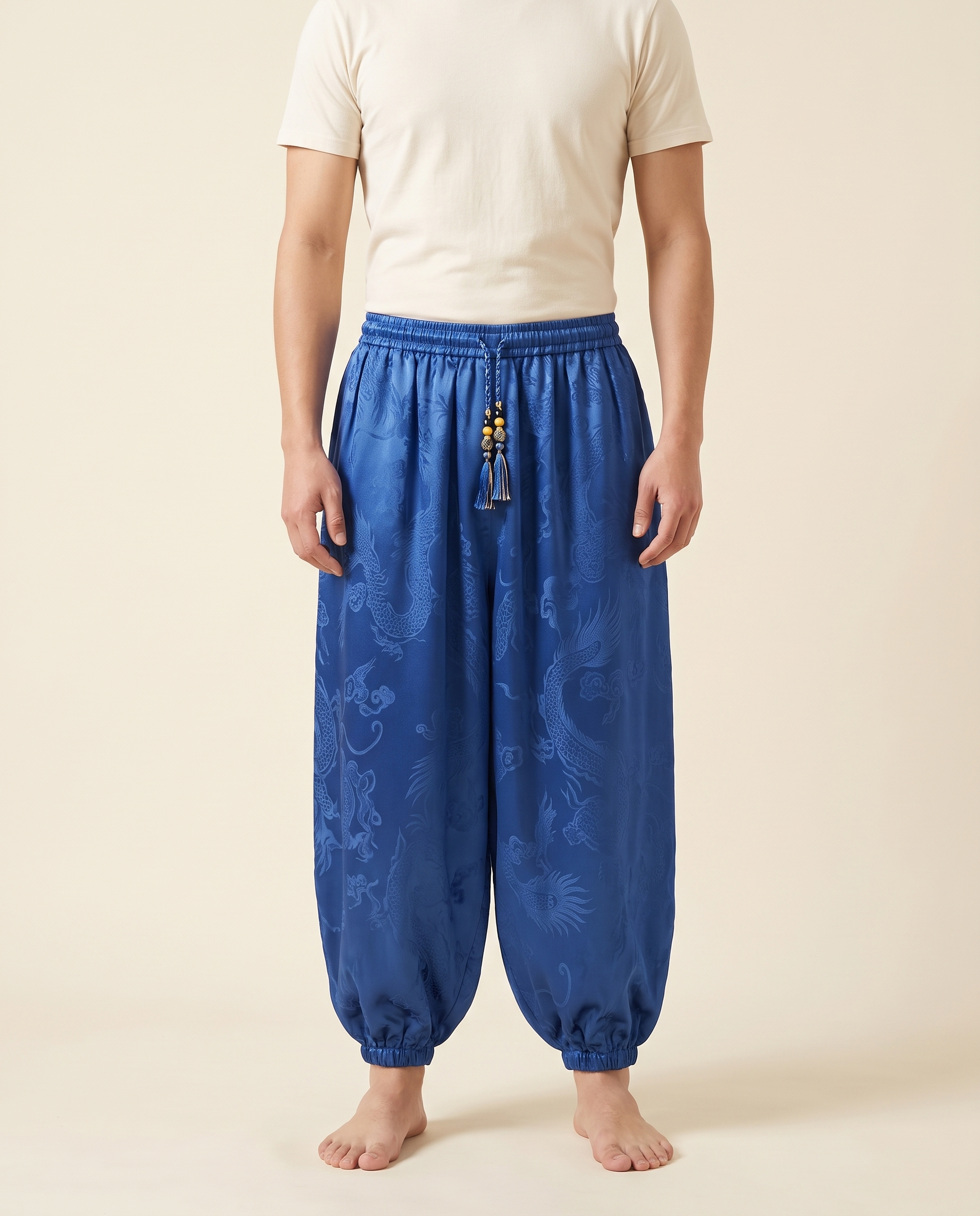 Men's Dragon Harem Pants with Pockets — in blue, worn by a model