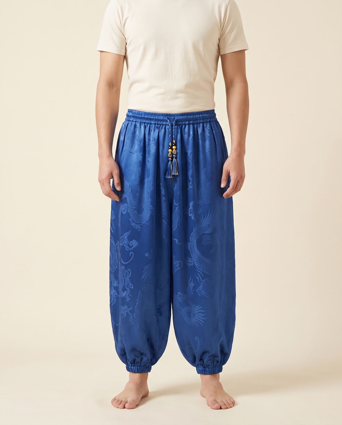 Men's Dragon Harem Pants with Pockets — in blue, worn by a model