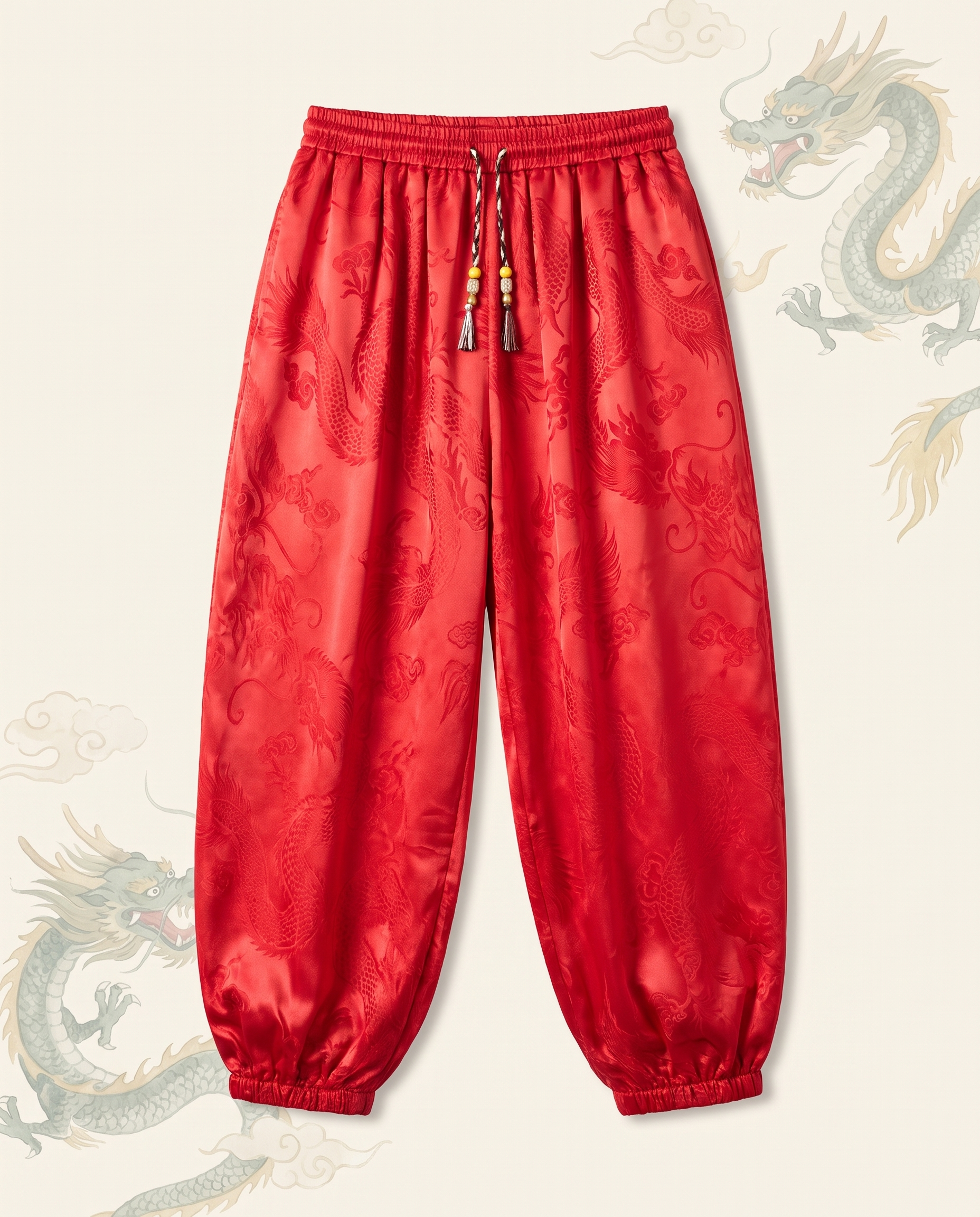 Men's Dragon Harem Pants with Pockets — in red, flat-lay view