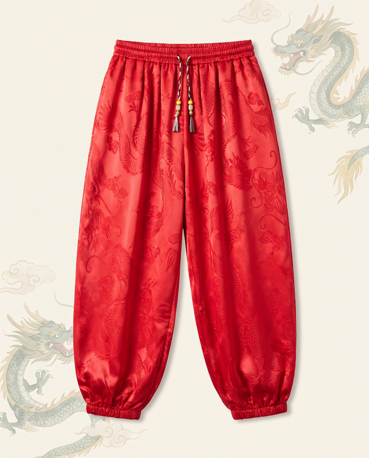 Men's Dragon Harem Pants with Pockets — in red, flat-lay view
