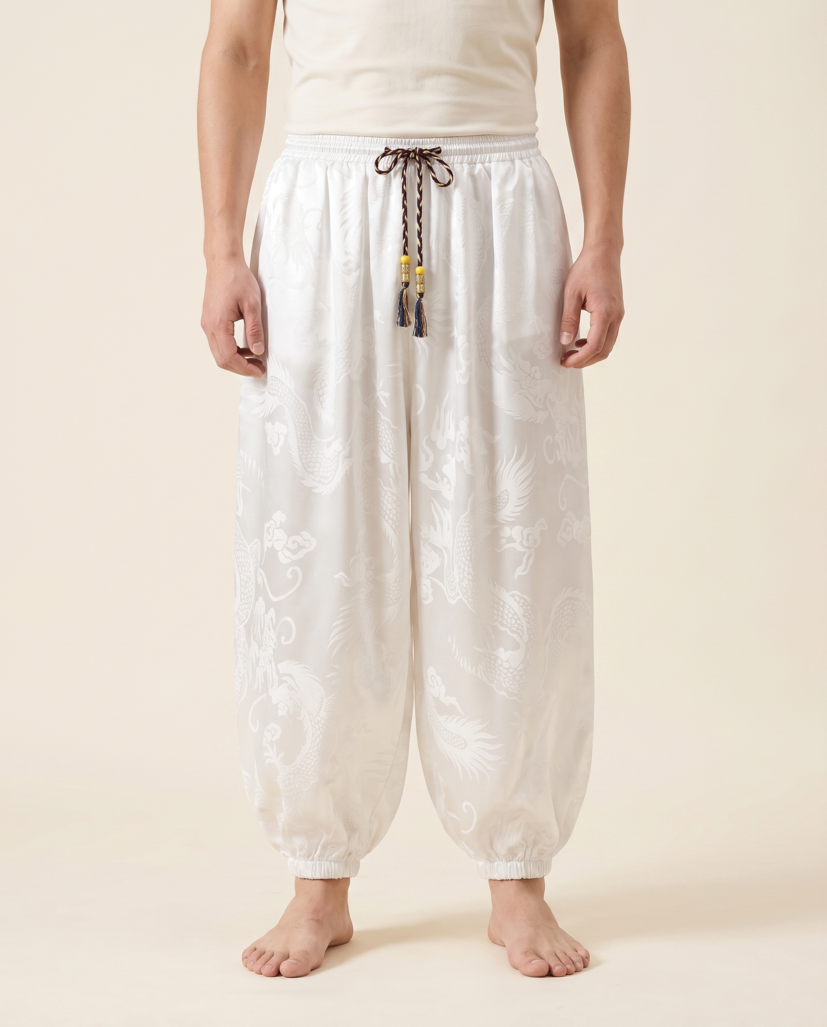 Men's Dragon Harem Pants with Pockets — in white, worn by a model