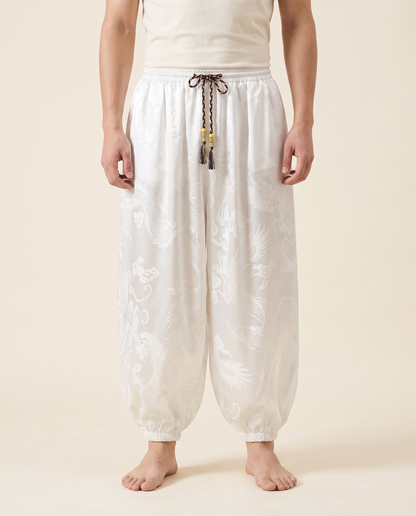 Men's Dragon Harem Pants with Pockets — in white, worn by a model