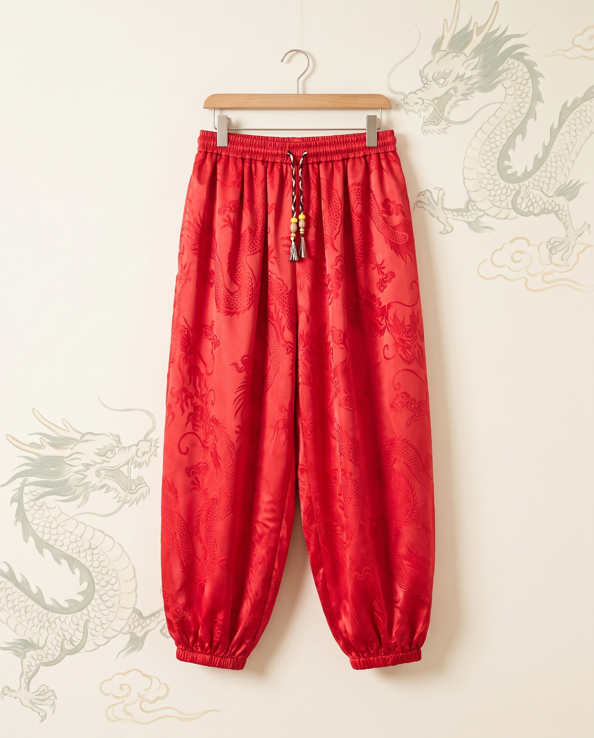 Men's Dragon Harem Pants with Pockets — in red, hanging view