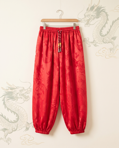 Men's Dragon Harem Pants with Pockets — in red, hanging view