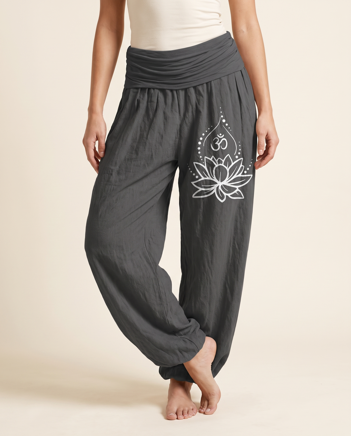 Lotus & Om Cotton Harem Pants — in dim gray, worn by a model