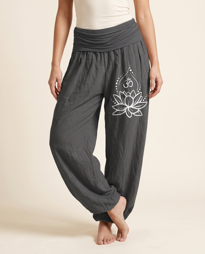 Lotus & Om Cotton Harem Pants — in dim gray, worn by a model