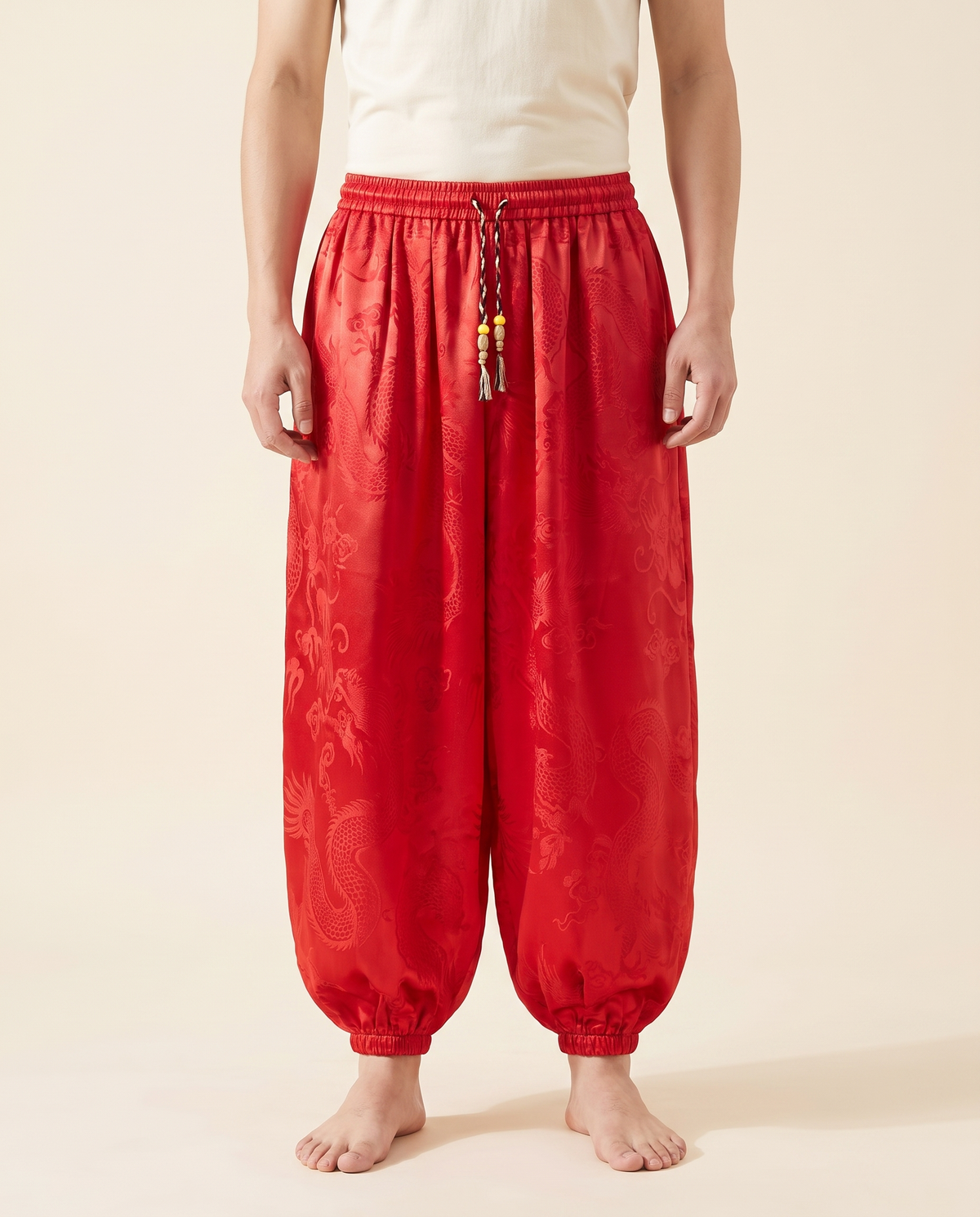 Men's Dragon Harem Pants with Pockets — in red, worn by a model
