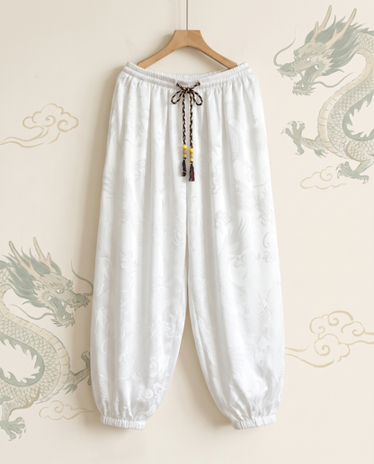 Men's Dragon Harem Pants with Pockets — in white, hanging view