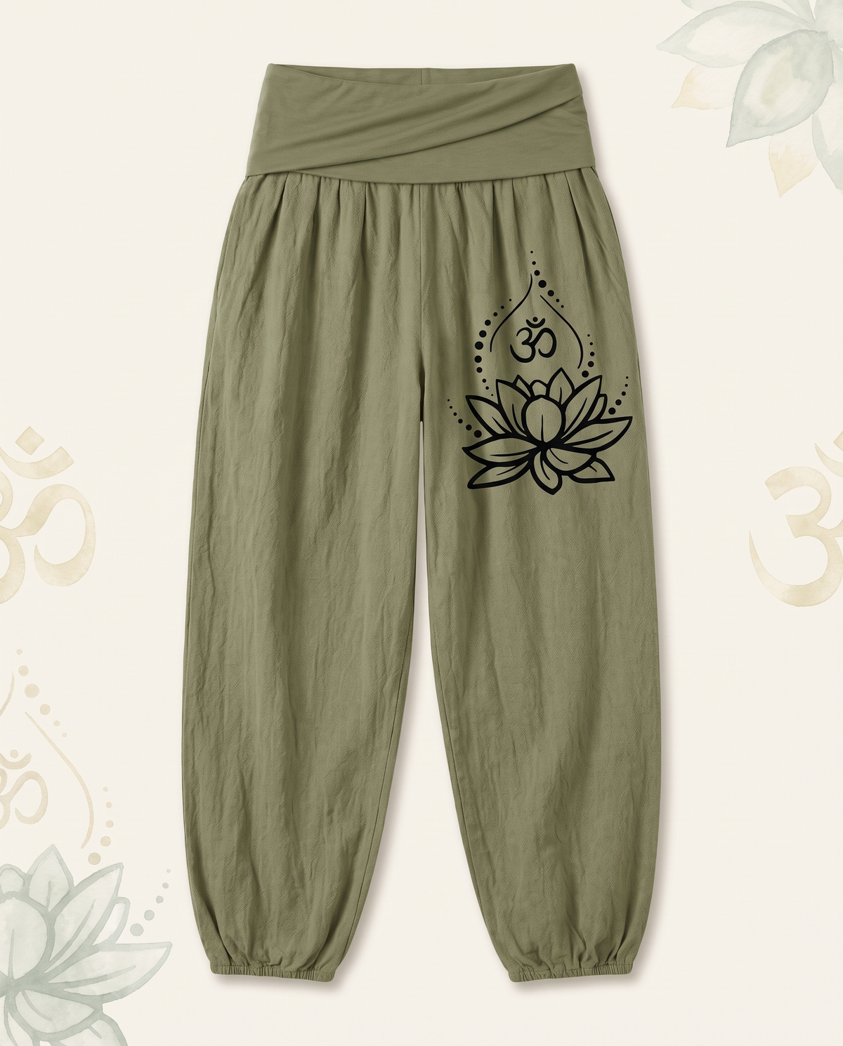 Lotus & Om Cotton Harem Pants — in olive drab, flat-lay view