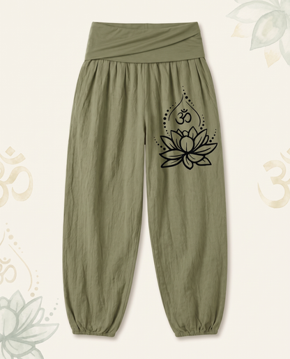 Lotus & Om Cotton Harem Pants — in olive drab, flat-lay view