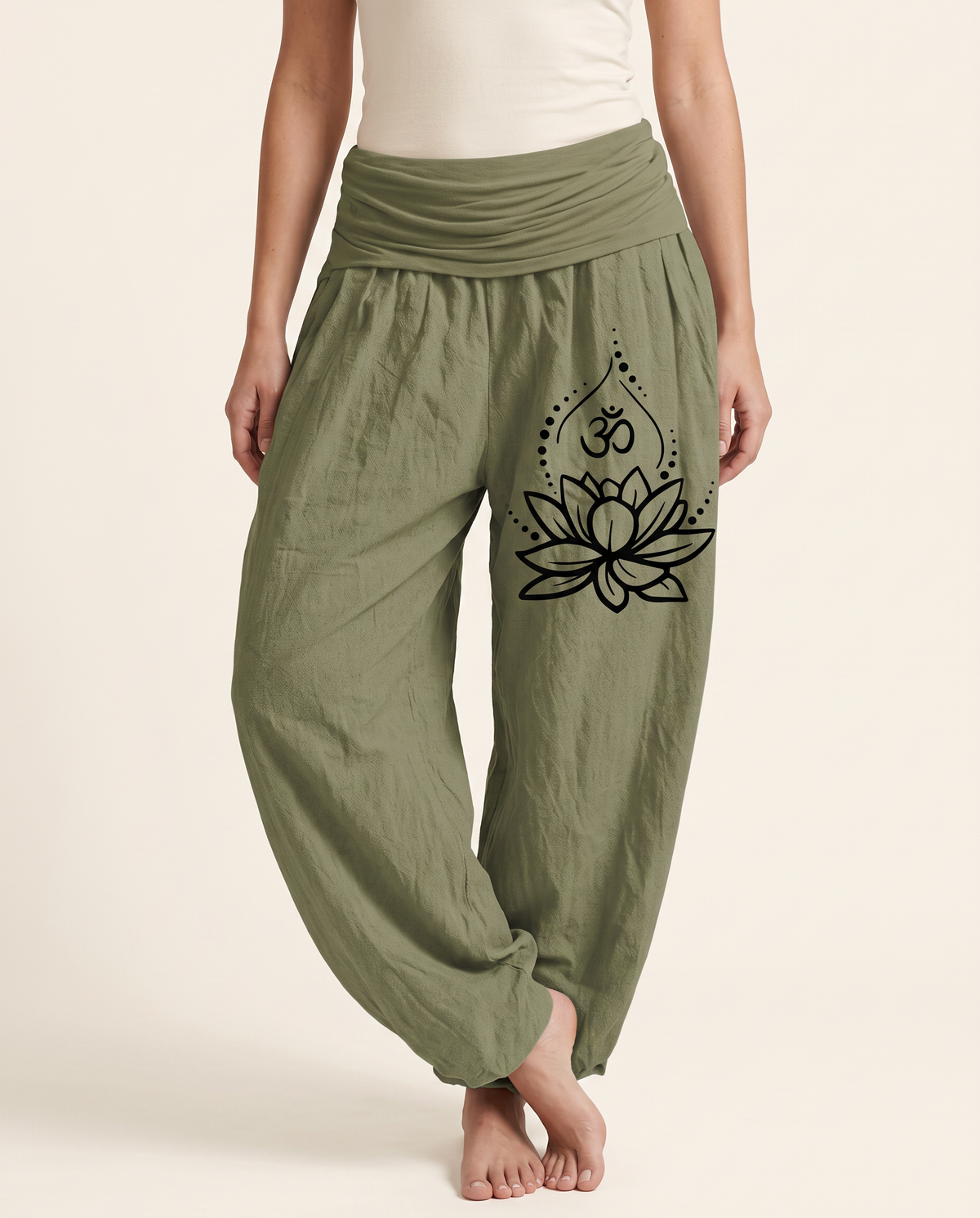 Lotus & Om Cotton Harem Pants — in olive drab, worn by a model