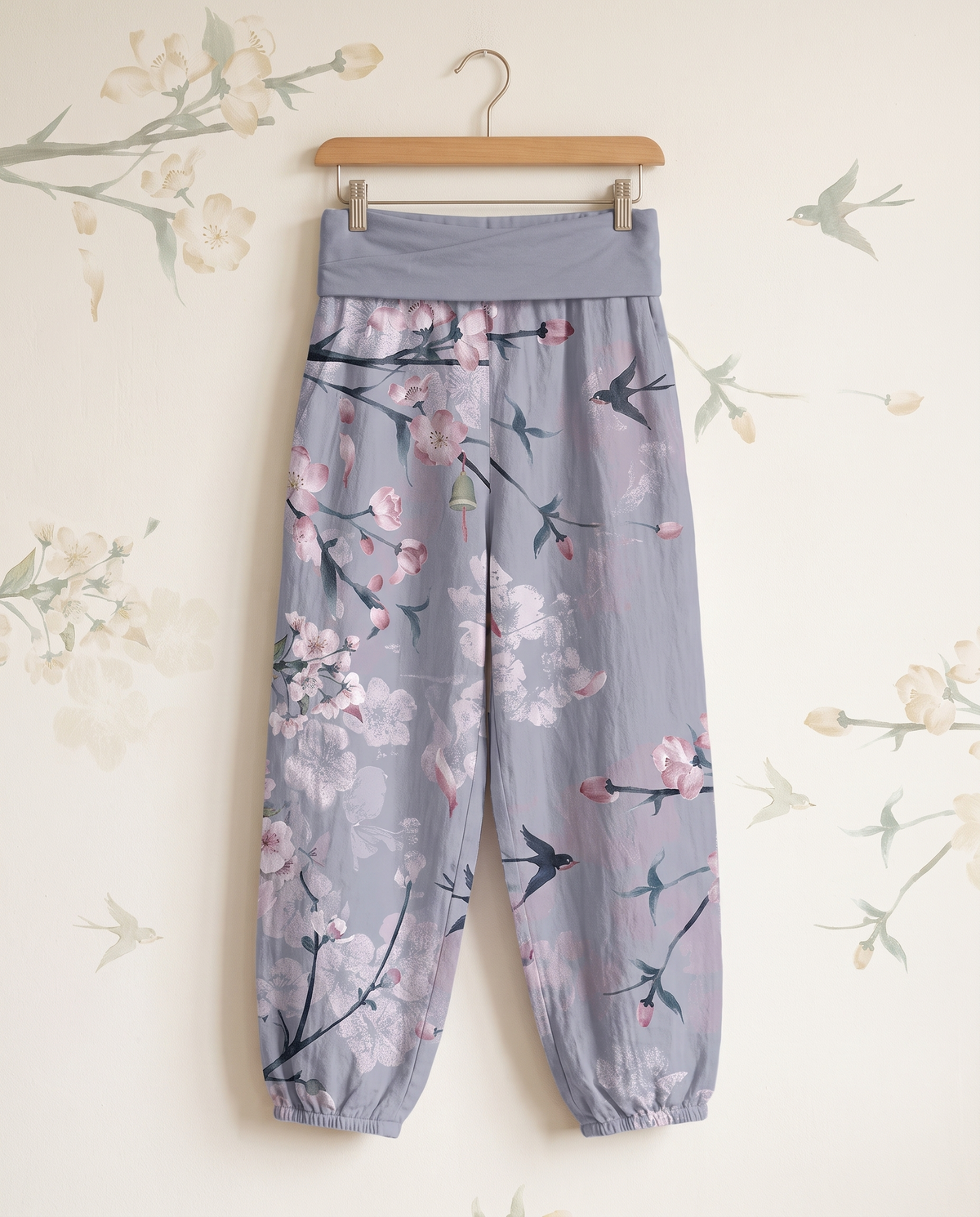 Peach Blossom Cotton Harem Pants — in cornflower blue, hanging view