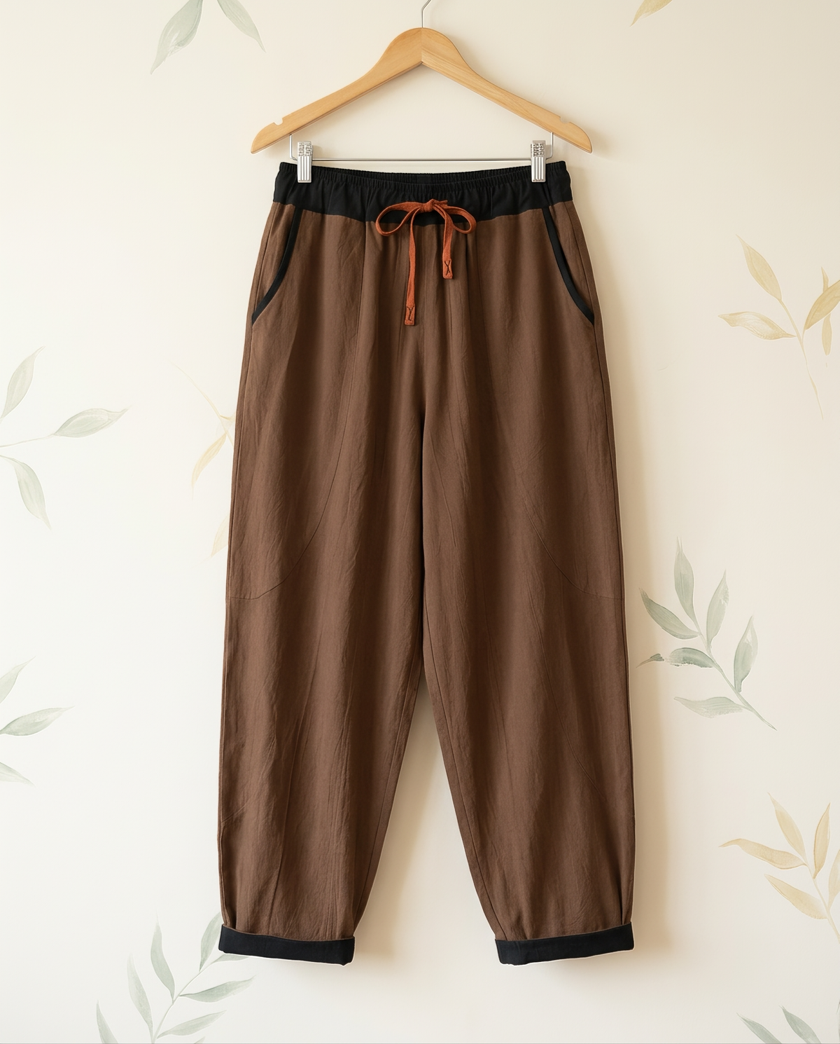 Cotton Drawstring Harem Pants with Pockets — in saddle brown, hanging view