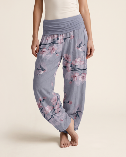 Peach Blossom Cotton Harem Pants — in cornflower blue, worn by a model