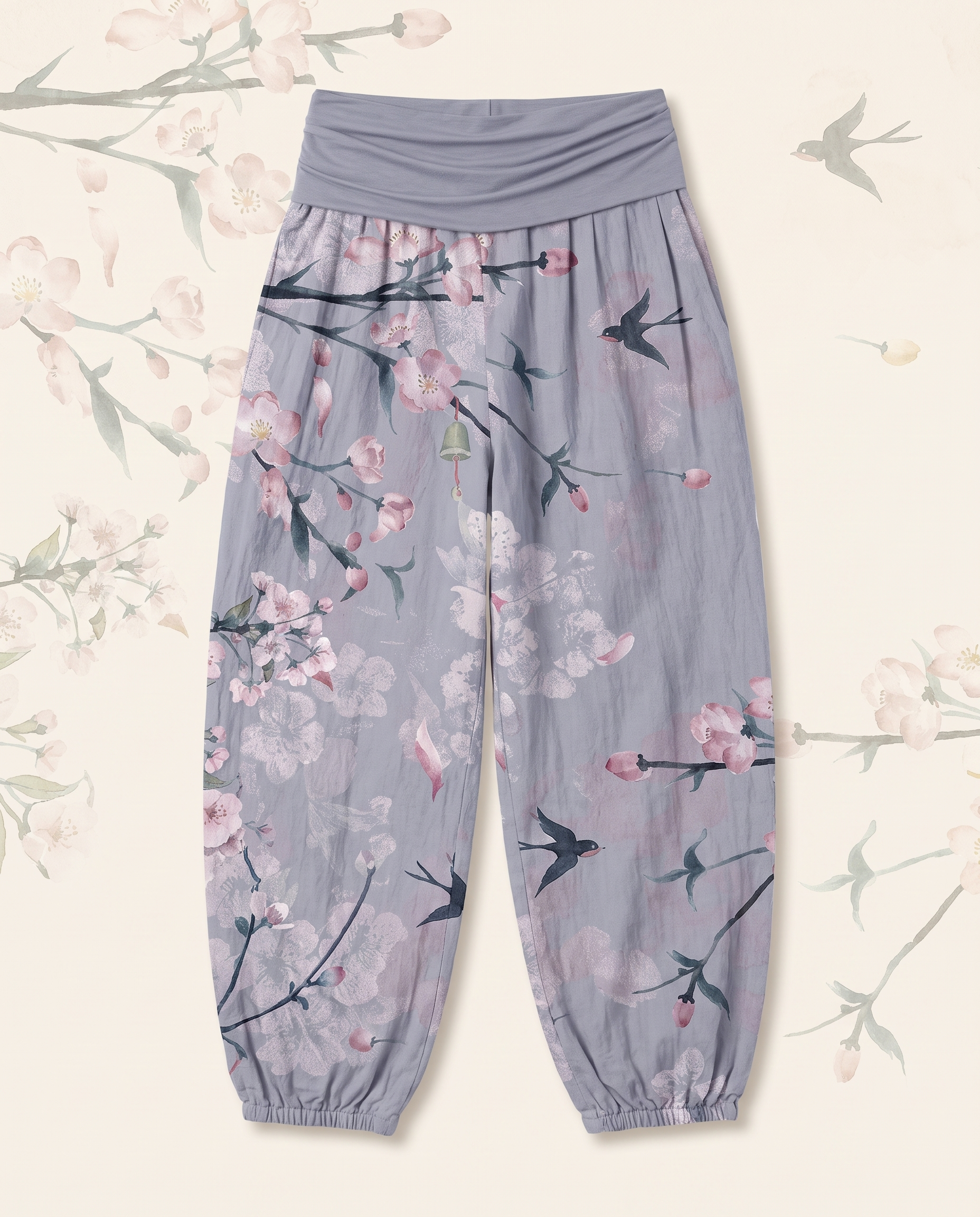 Peach Blossom Cotton Harem Pants — in cornflower blue, flat-lay view