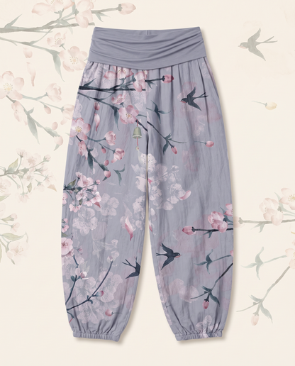 Peach Blossom Cotton Harem Pants — in cornflower blue, flat-lay view