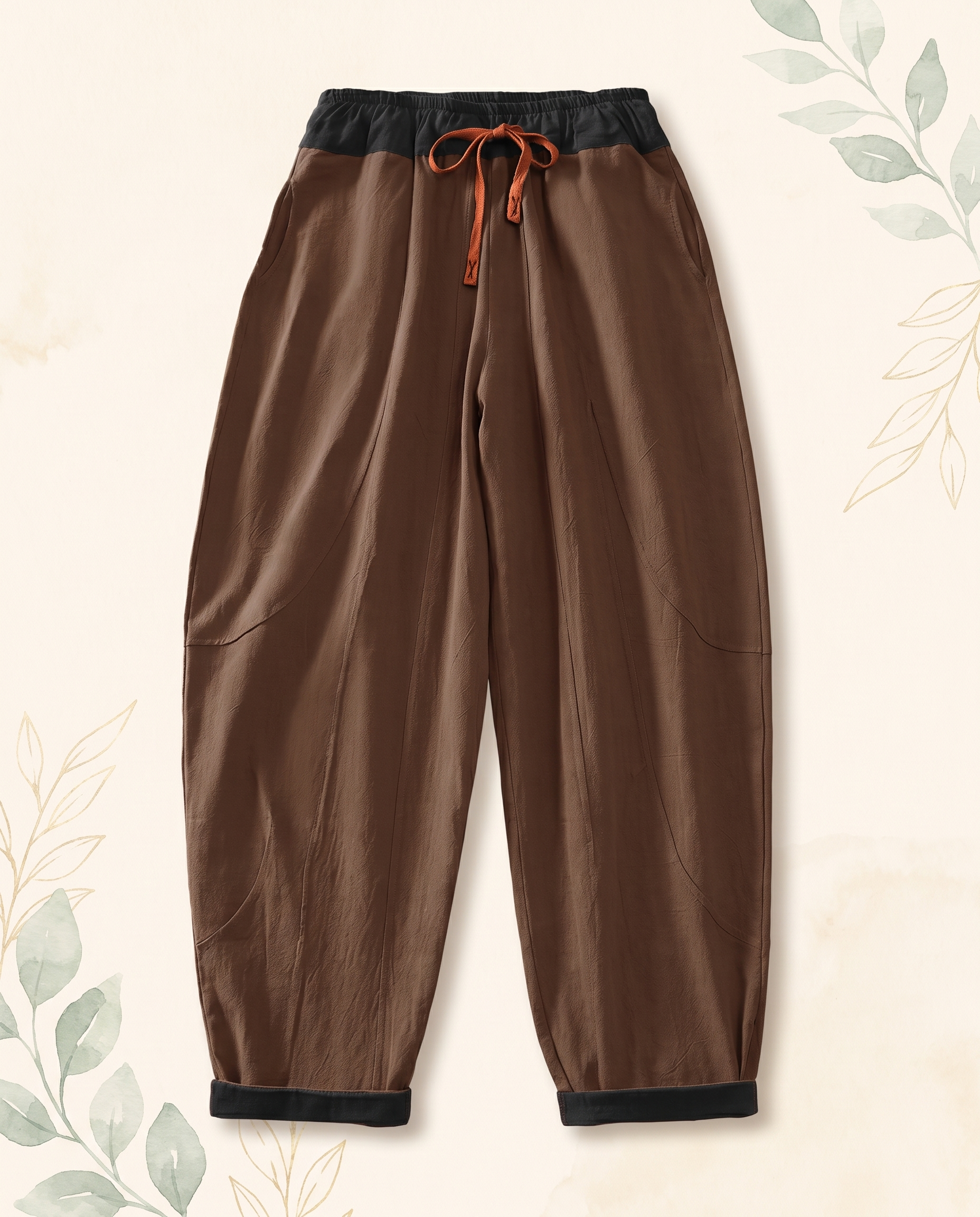 Cotton Drawstring Harem Pants with Pockets — in saddle brown, flat-lay view