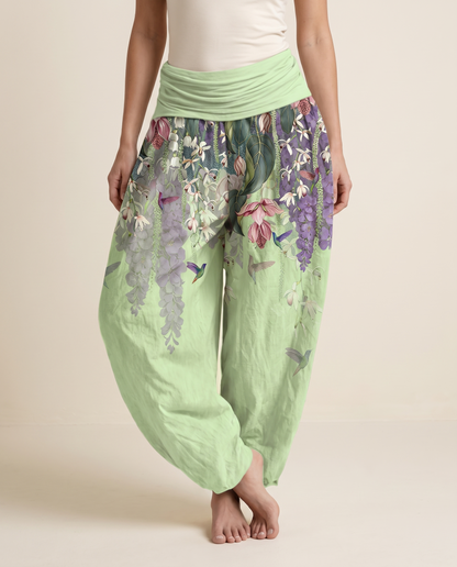 Orchid & Birds Cotton Harem Pants — in honeydew, worn by a model